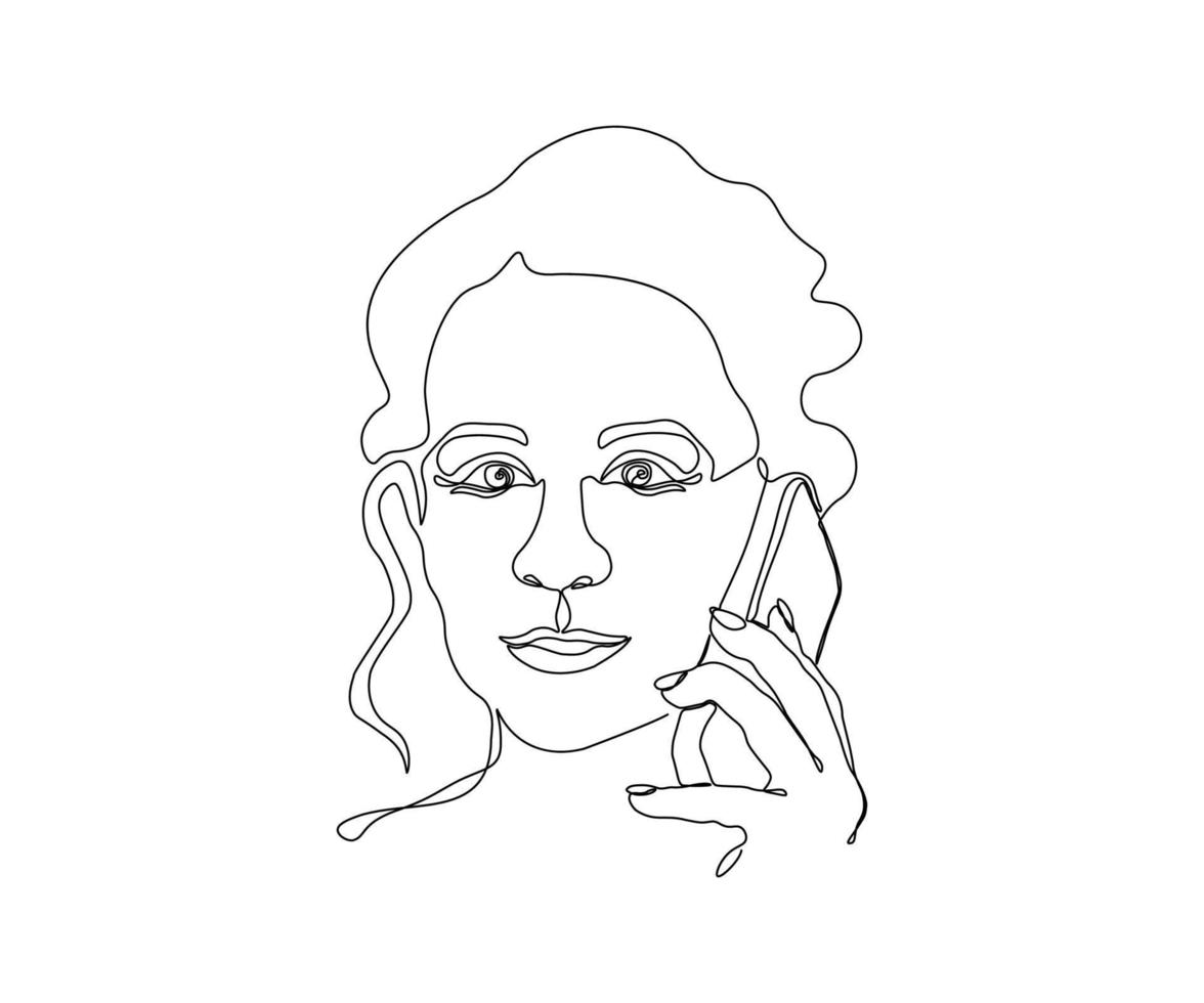 retrato de una chica con teléfono, dibujada a mano, monolínea continua, arte de una línea vector