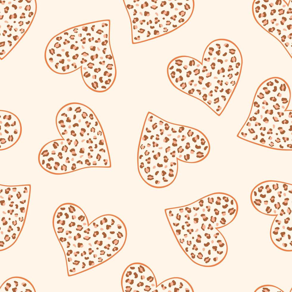 Leopard heart seamless pattern, beige jaguar print, Valentines day romantic hearts repeate background. Safari wild textured fashion print, fabric, textile. Wild cat stylized spot. Vector illustration.
