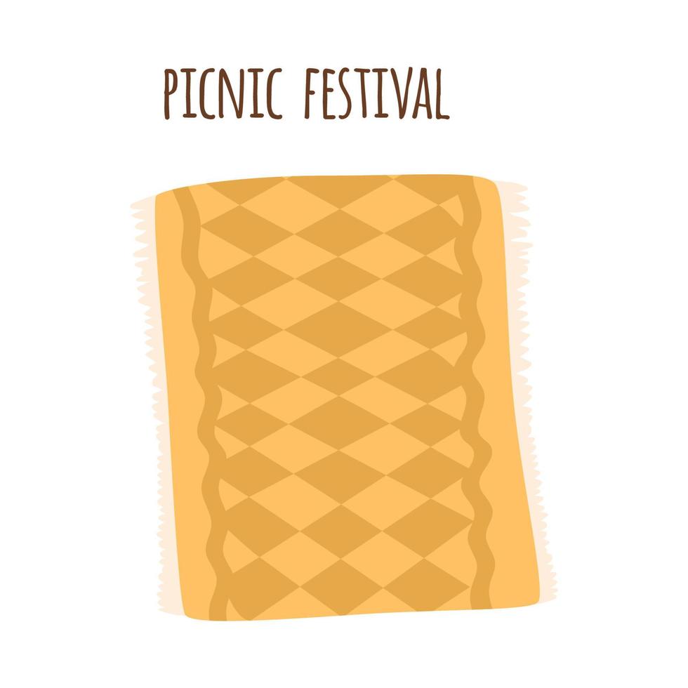 Picnic blanket park isolated graphic element. Yellow beige gingham tablecloth Outdoors summer festival picnic background. Checkered plaid texture Vector illustration Picnic hand drawn design template.