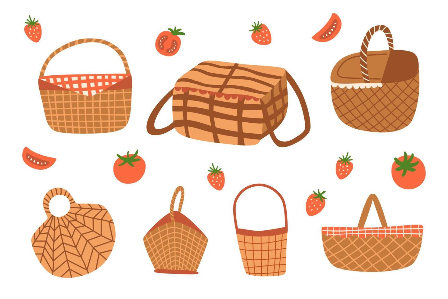 vector de cestas de picnic establece elementos gráficos aislados. cestas de picnic colección de iconos de garabatos. cena de picnic al aire libre. cesto, almacenamiento de alimentos. ilustración de dibujos animados plana colorida. comida de verano dibujada a mano.