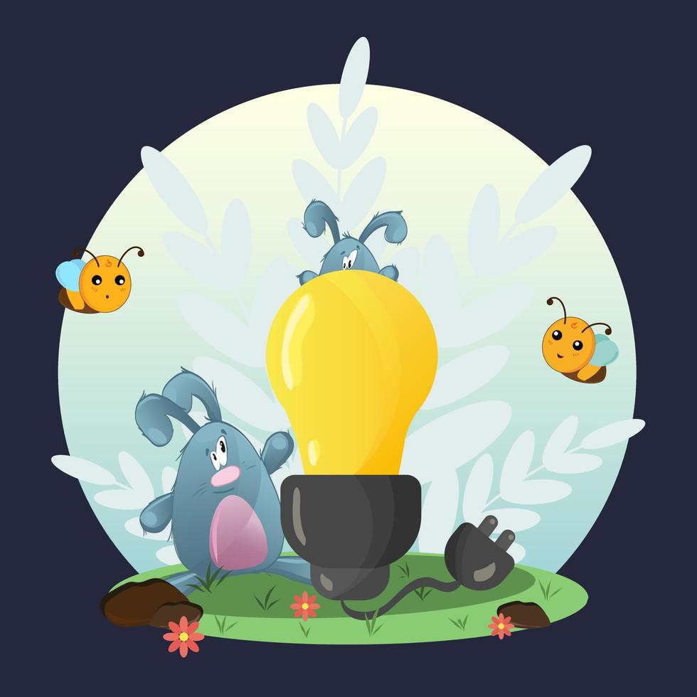 An illustration about energy conservation. Conservation of nature and wildlife. Plants and rocks, hares and bees. A light bulb turned off. Illustration. Vector. EPS10 vector