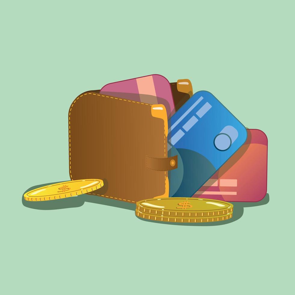 Brown wallet with plastic cards and gold spilling out of it, on green background in cartoon style. Icon, vector, isolated. vector