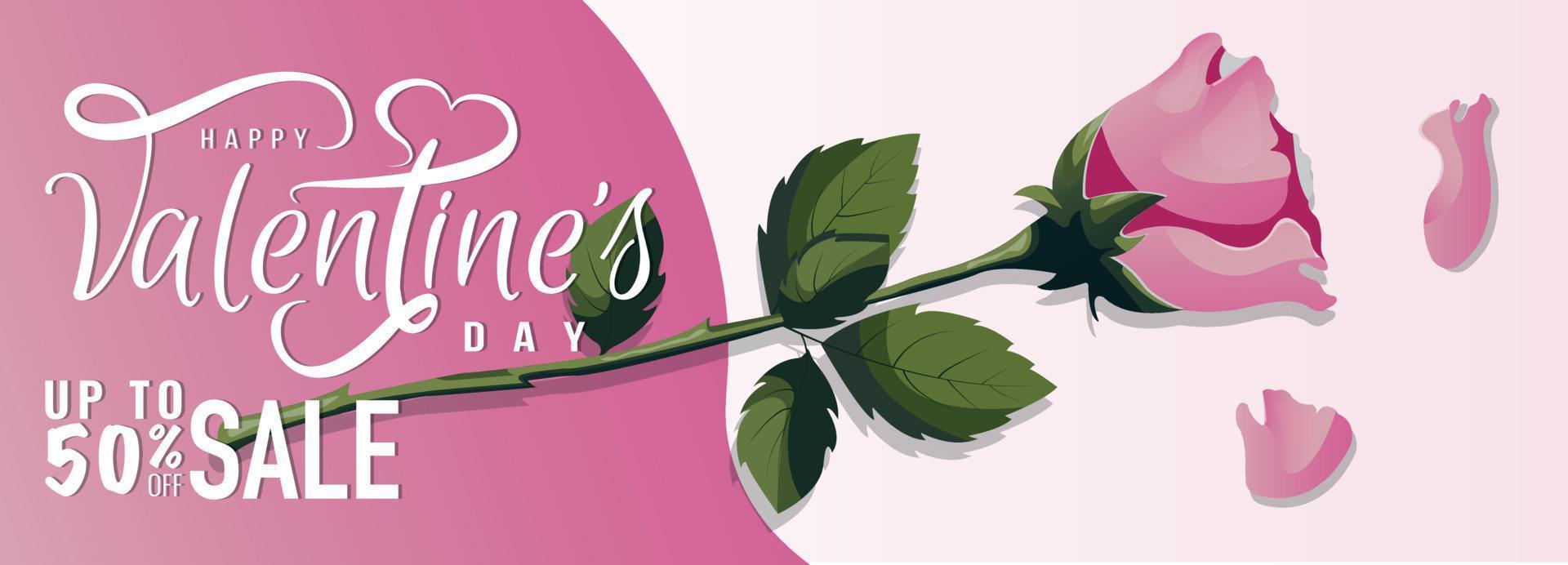 Banner design for Happy Valentine's Day with pink roses. Romance, Love concept. Vector illustration for poster, banner, advertising, invitation, flyer, cover.