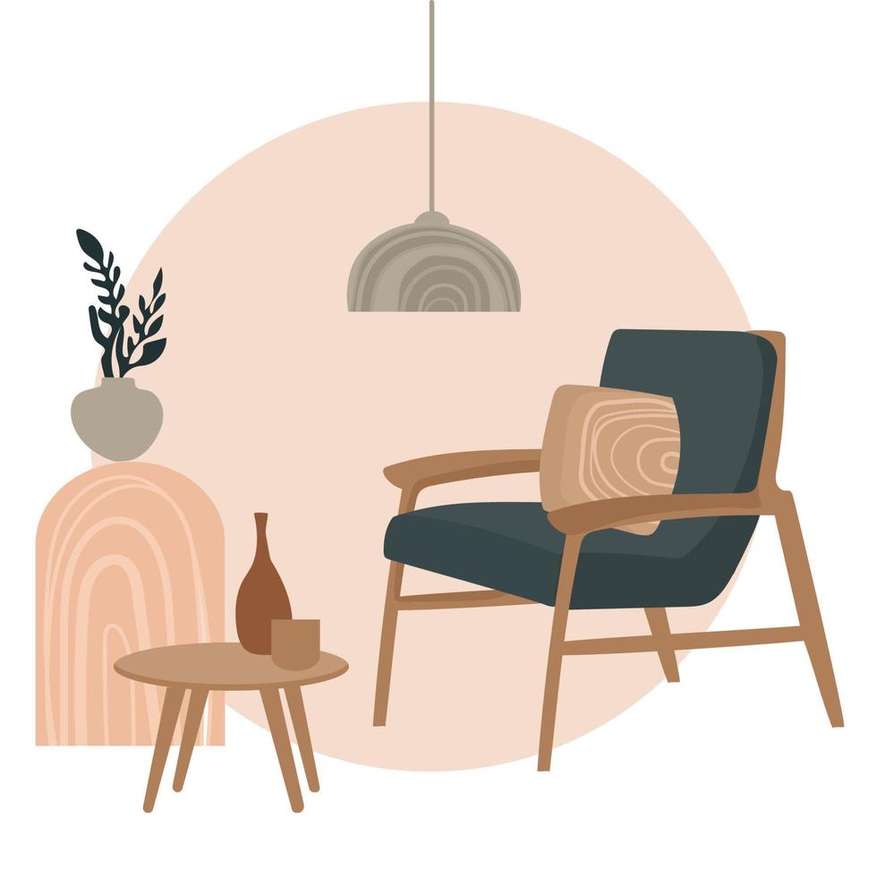 Modern interior design in hygge,boho style with retro armchair,table and houseplant in a pot on the background of abstract geometric shapes vector graphic.Contemporary fragment interior pastel colors.
