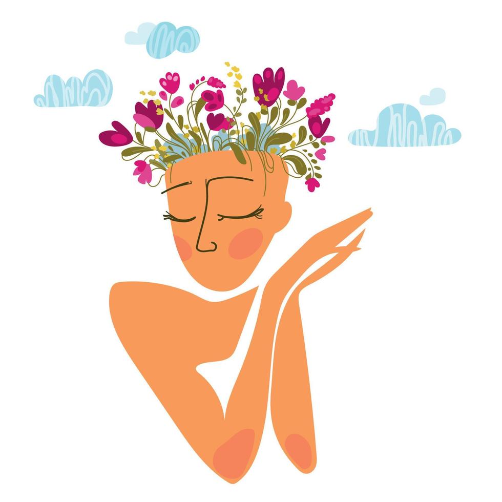 Abstract art woman face with growing flowers in her head vector illustration.Spring flowers in a vase in the shape of a woman's head flat design.Human and nature concept. Natural products emblem