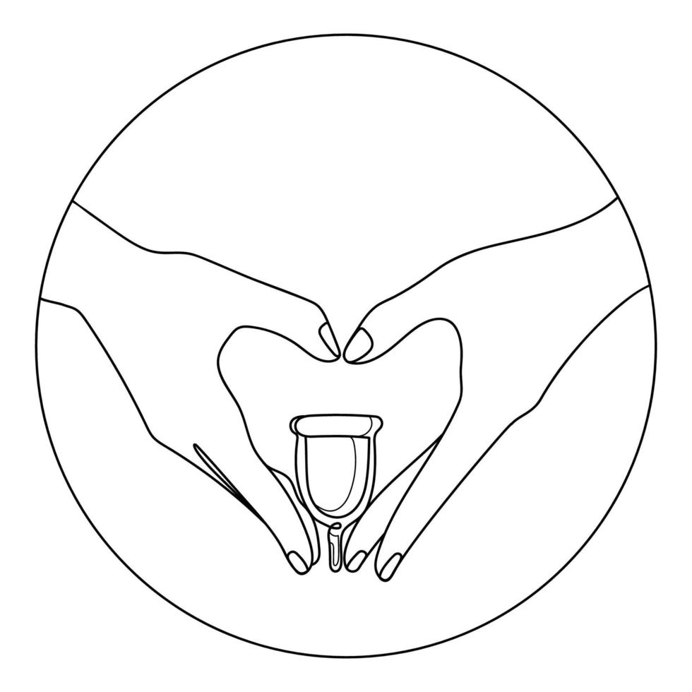 las manos femeninas en forma de corazón sostienen la línea de la copa menstrual icono logotipo emblema plantilla vector ilustración.dibujo del trazador de líneas artículo de higiene femenina,eco friendly.reduce,reuse, ecycle.zero waste copa menstrual en las manos