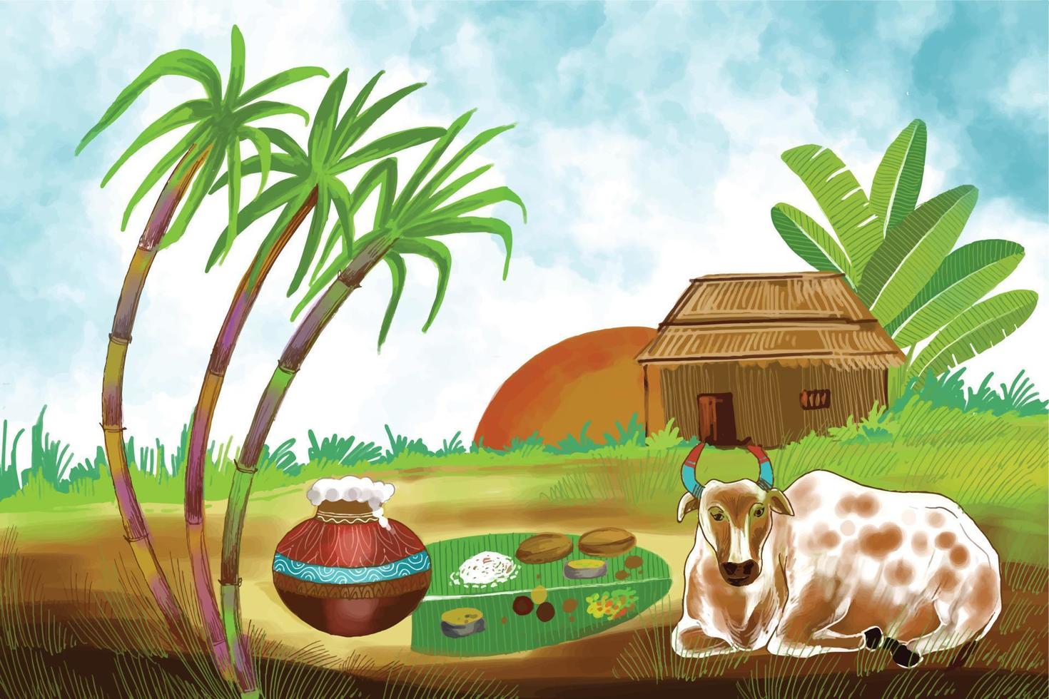feliz festival de la cosecha navideña pongal de tamil nadu sur de la india diseño de tarjetas de felicitación vector