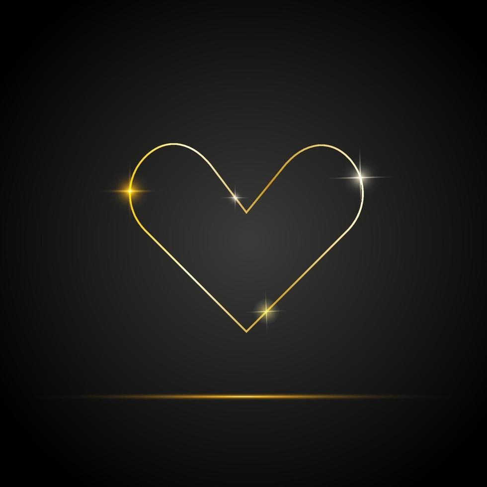 Gold line art heart with sparkles. Happy Valentines day vector greeting card on black background. Concept for golden Valentines postcard, poster, banner, flyer, invitation, jewelry gift card