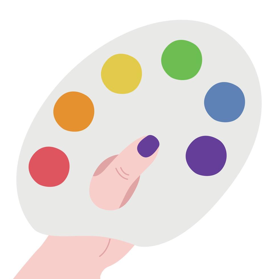Flat vector painting tools in childish style. Hand drawn art supplies, hand halding rainbow palette with paint