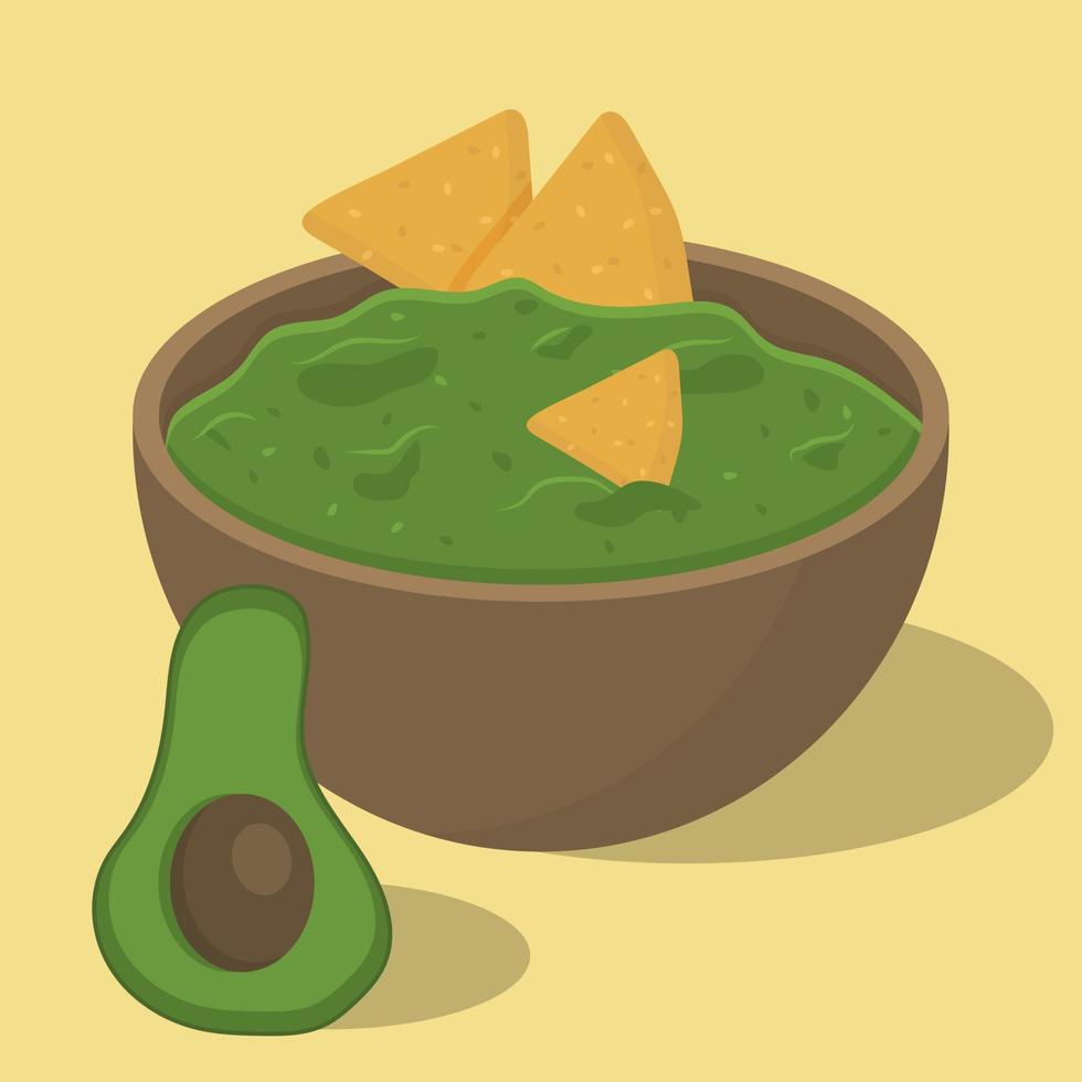 Guacamole with chips and a avocado. Illustration on the theme of Latin American food vector