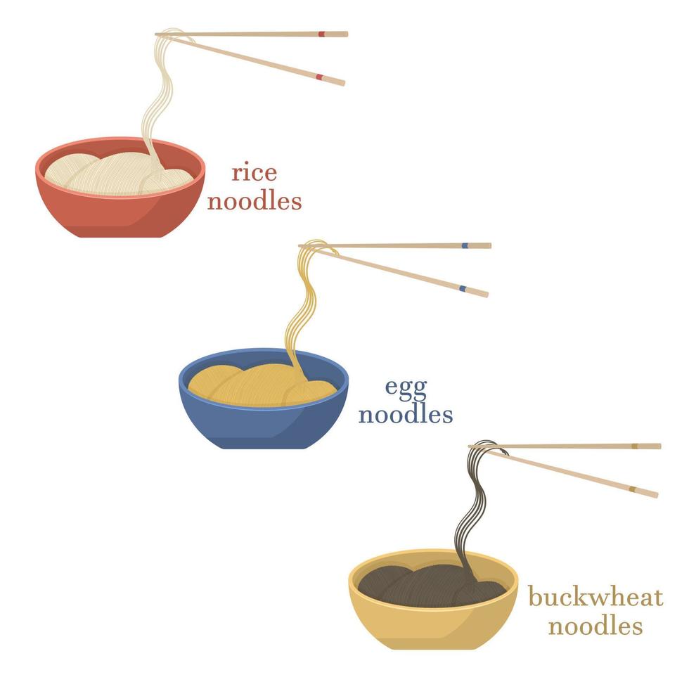 conjunto de tres tipos de fideos. fideos de arroz, huevo y trigo sarraceno. ilustración de plato asiático vector