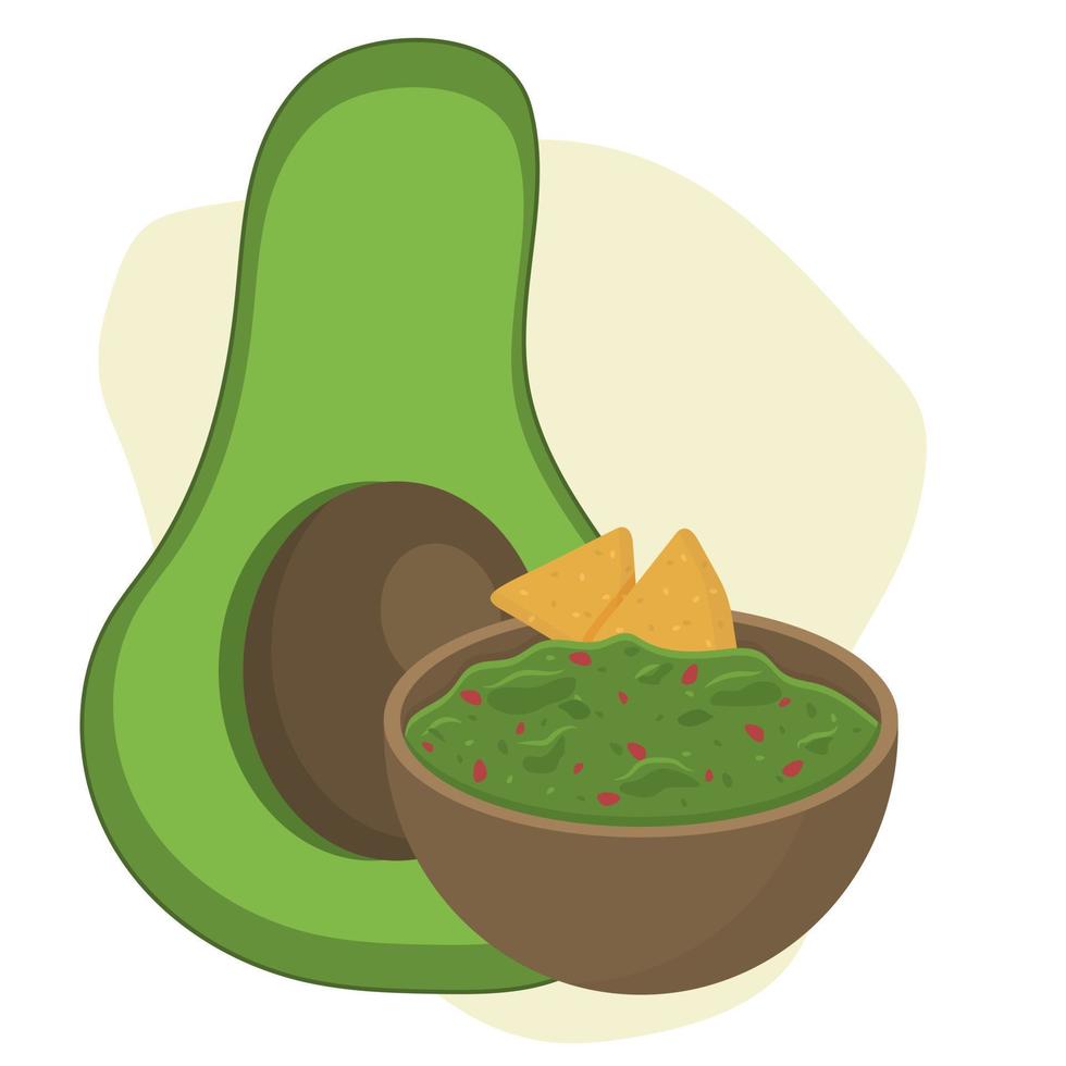 guacamole con patatas fritas y un aguacate grande. ilustración sobre el tema de la comida latinoamericana vector