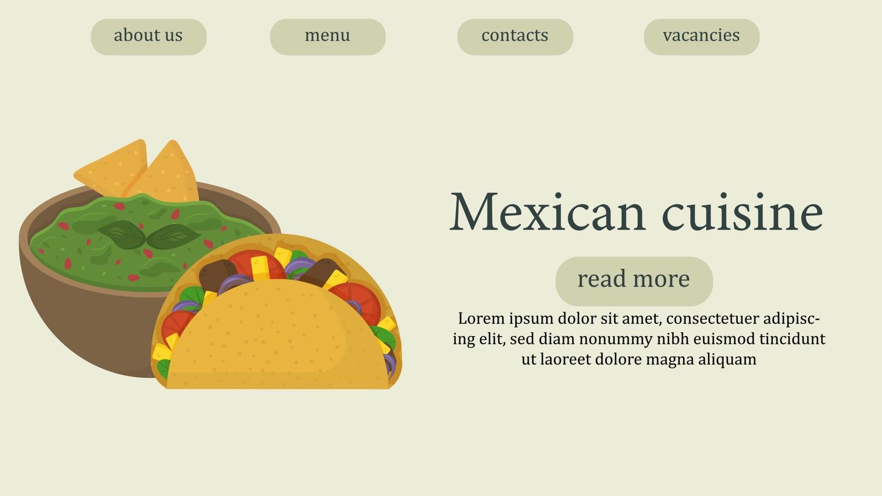 plantilla de página web de restaurante mexicano. ilustración de guacamole con papas fritas y tacos. vector