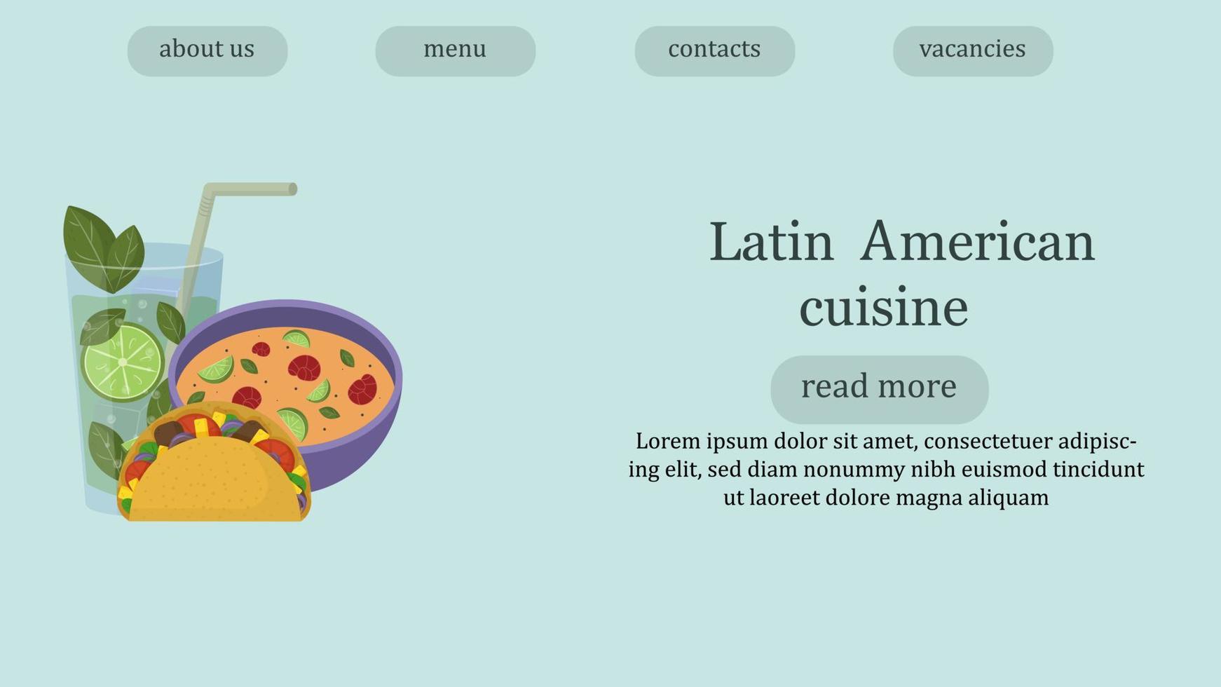 plantilla de página web de restaurante de cocina latinoamericana. ilustración de mojito, taco y sopa de lima. vector