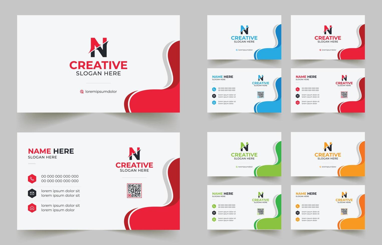 Multipurpose corporate business card template with blue, green, red, and yellow colors vector