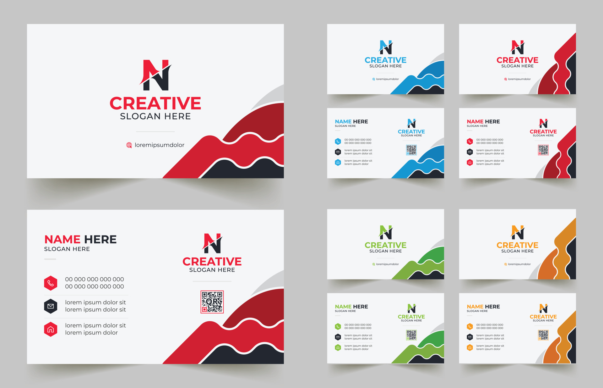 Multipurpose corporate business card template with blue, green, red
