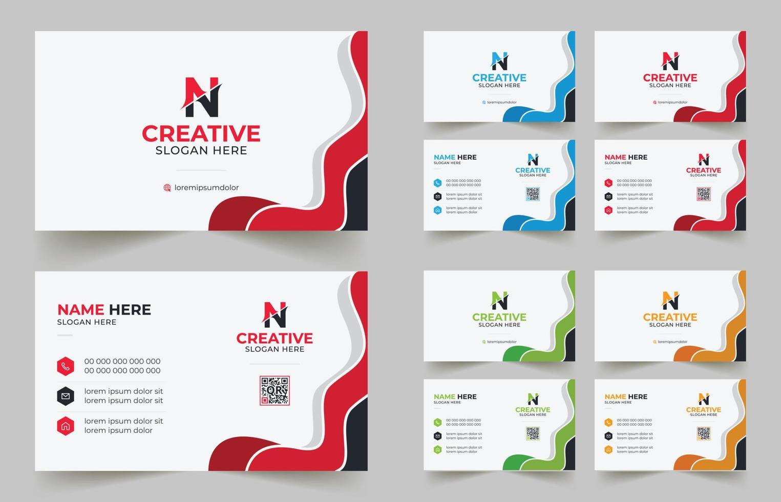 Multipurpose corporate business card template with blue, green, red, and yellow colors vector