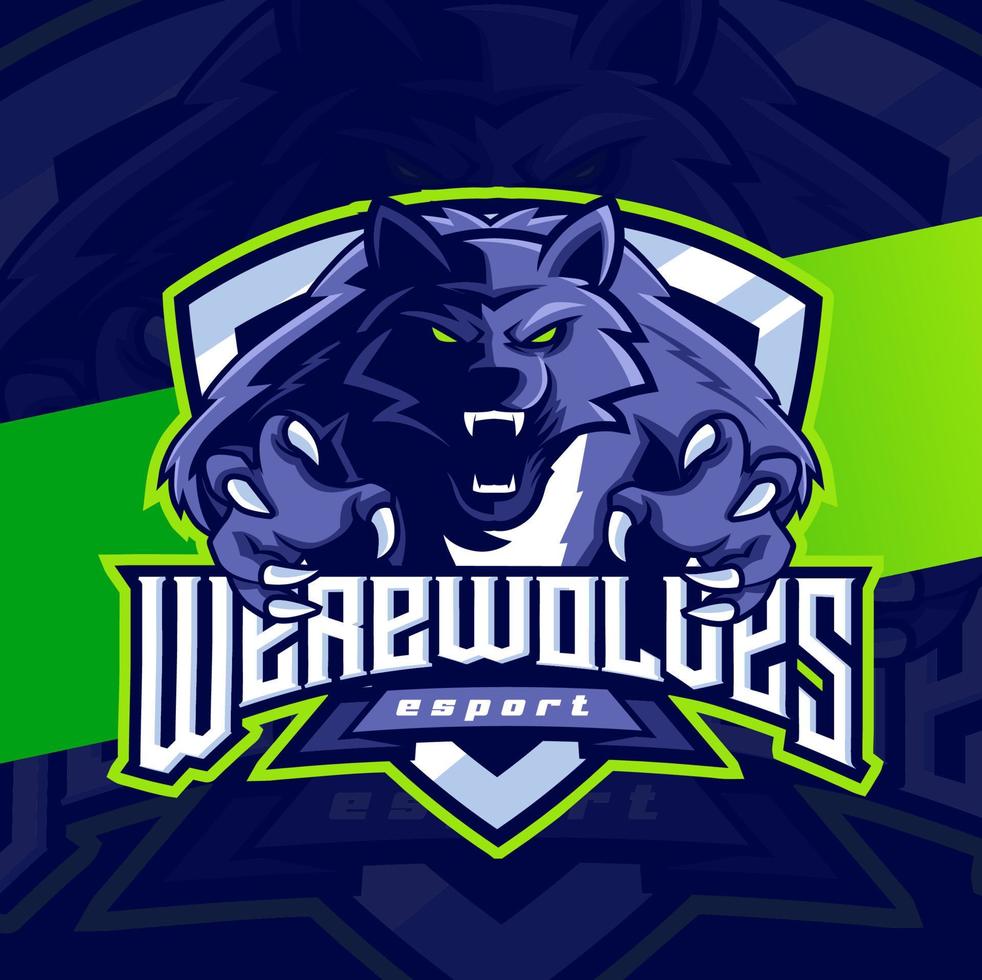 diseño de personajes del logotipo de esport de la mascota de los hombres lobo para juegos y deportes de lobos vector