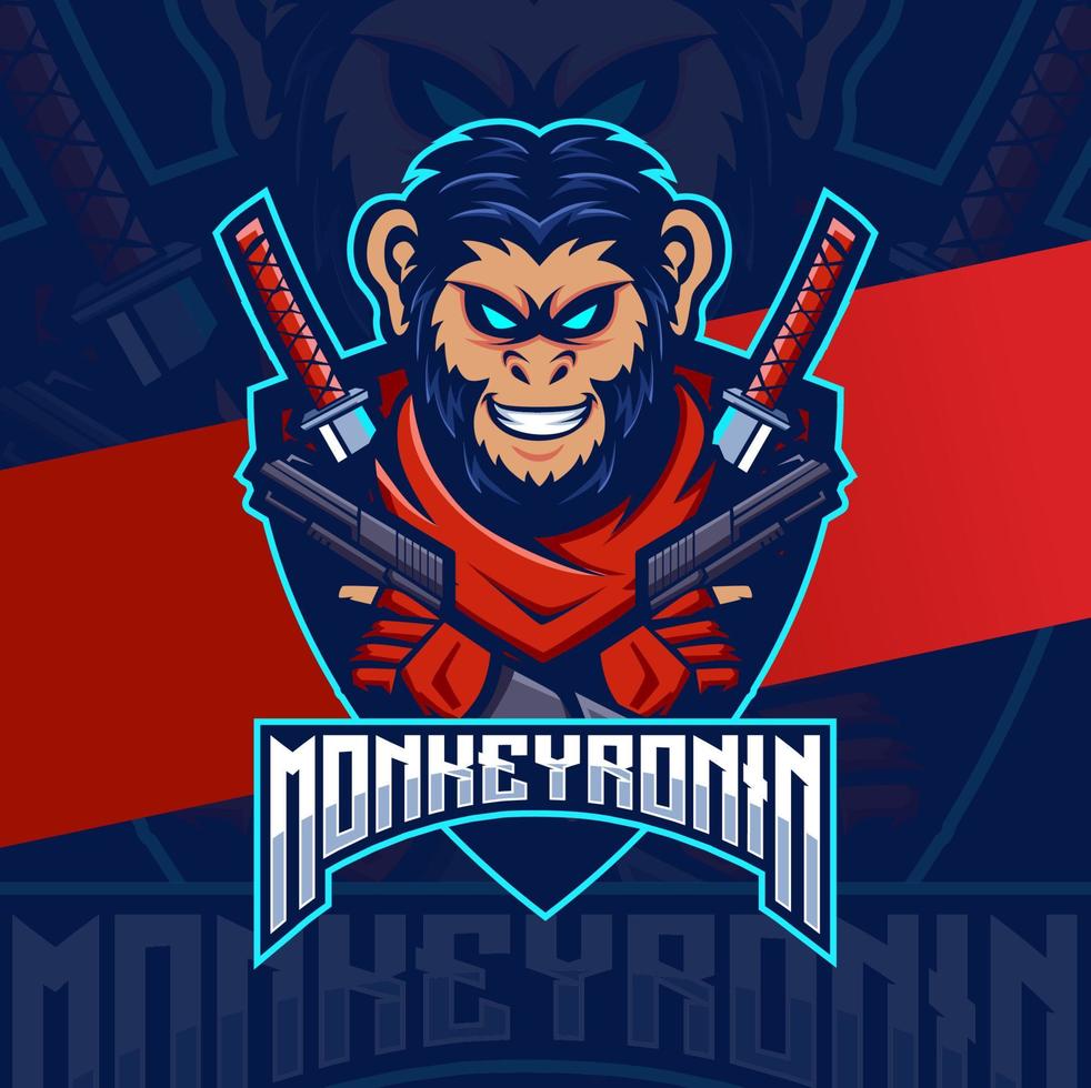 mono samurai ronin con diseño de logotipo de esport de mascota de pistola para juegos y logotipo deportivo vector