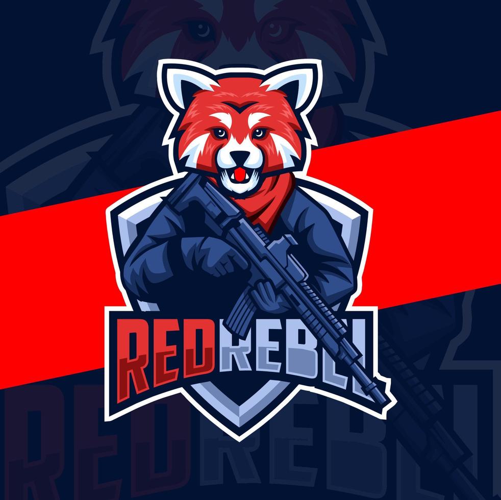 ejército de panda rojo con personaje de diseño de logotipo de esport de mascota de arma vector