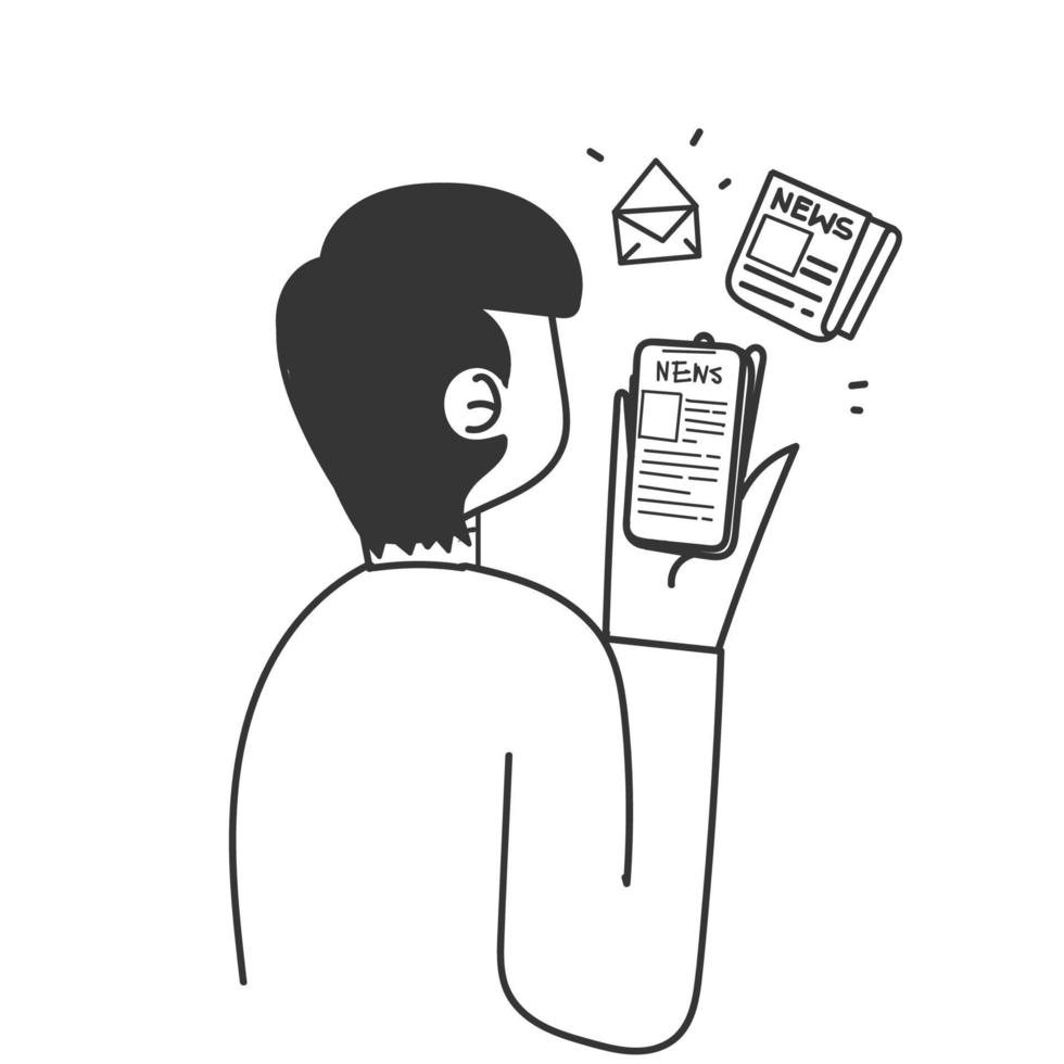 doodle dibujado a mano leyendo noticias en el vector de ilustración de teléfono móvil