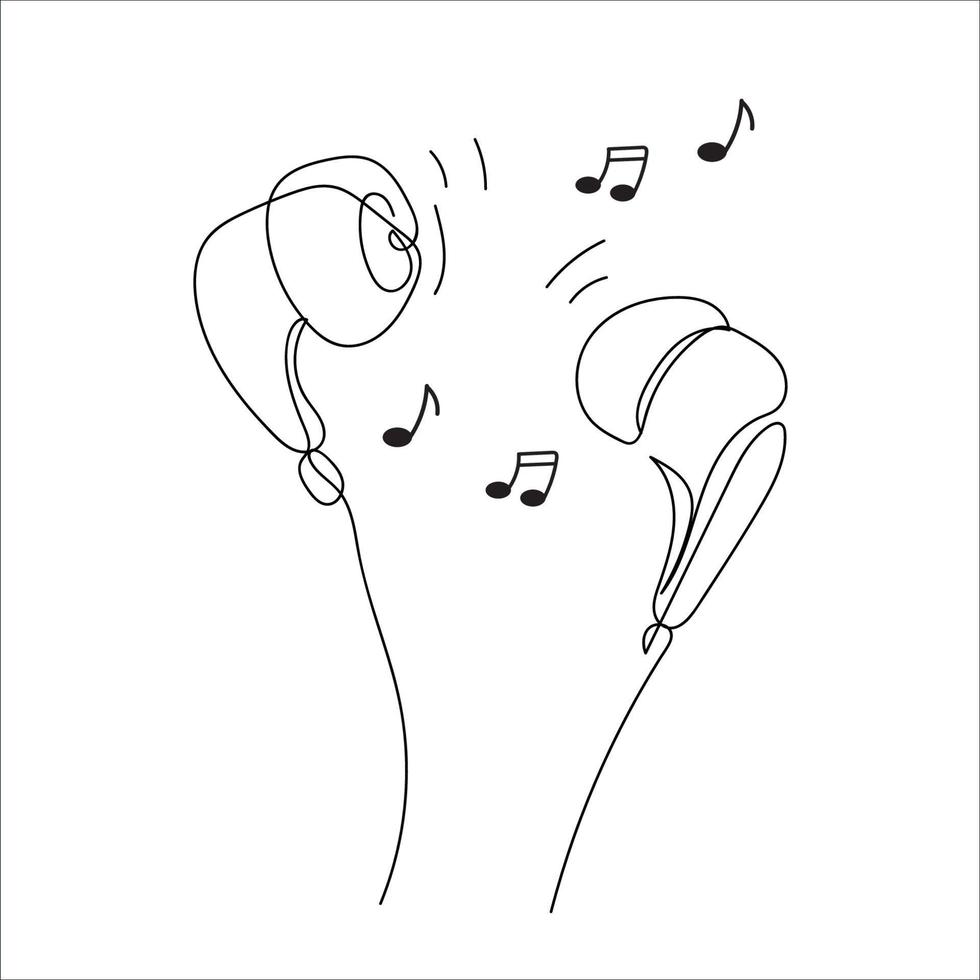 arte de línea de auriculares, boceto simple de música, dibujo de contorno de nota, líneas musicales, archivo vectorial, negro vector