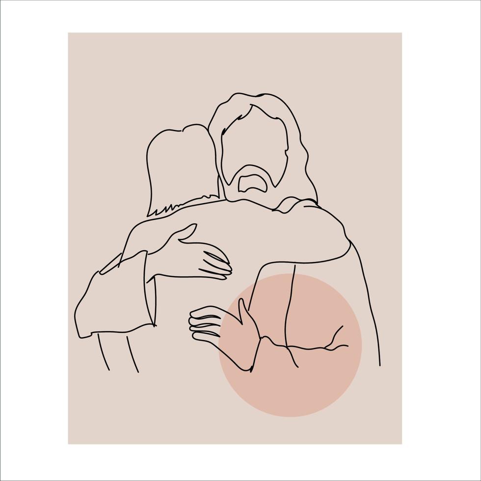 Jesus Line Art, Vector File, Simple Outline Drawing, Black Sketch Of People Hugging,