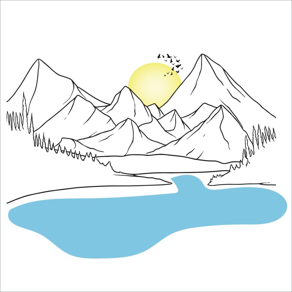 arte de línea de montaña, dibujo de paisaje minimalista, dibujo de contorno de lago, boceto simple, ilustración de amanecer, vector gráfico