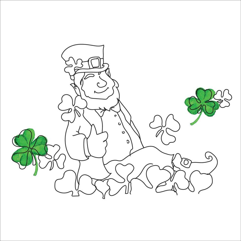 St. Patrick's Day, Leprechaun Line Art, Irish Holiday Festive, Simple Sketch, Outline Drawing, Lucky Charm, Shamrocks Green, Vector File