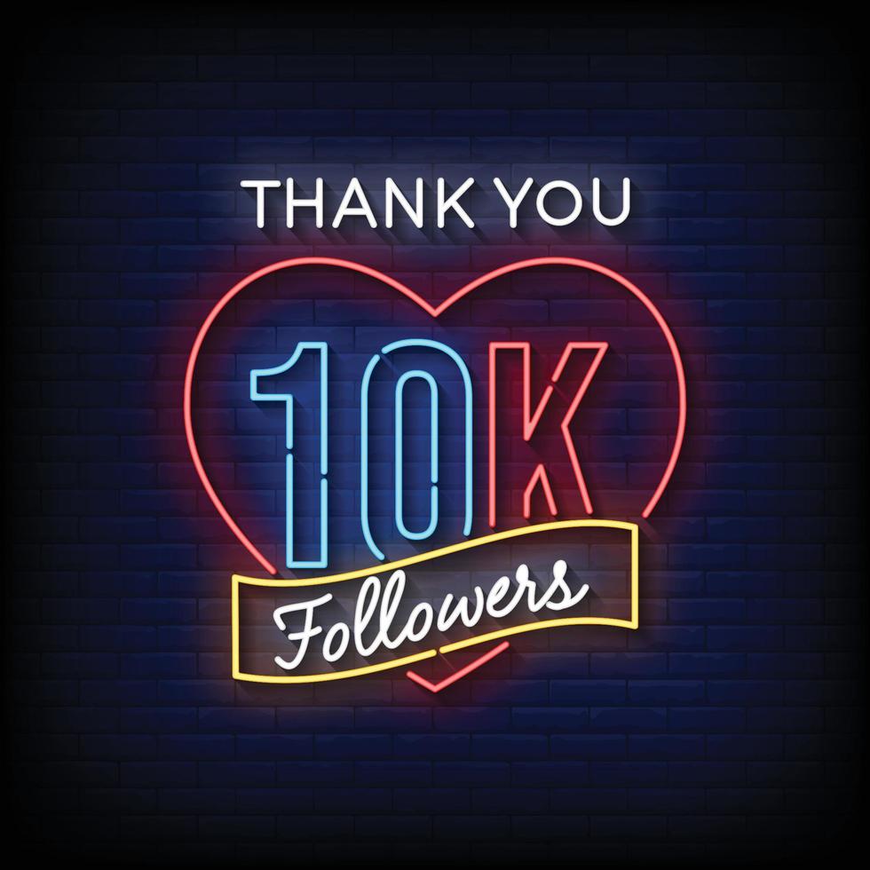 neon sign thank you followers with brick wall background vector illustration