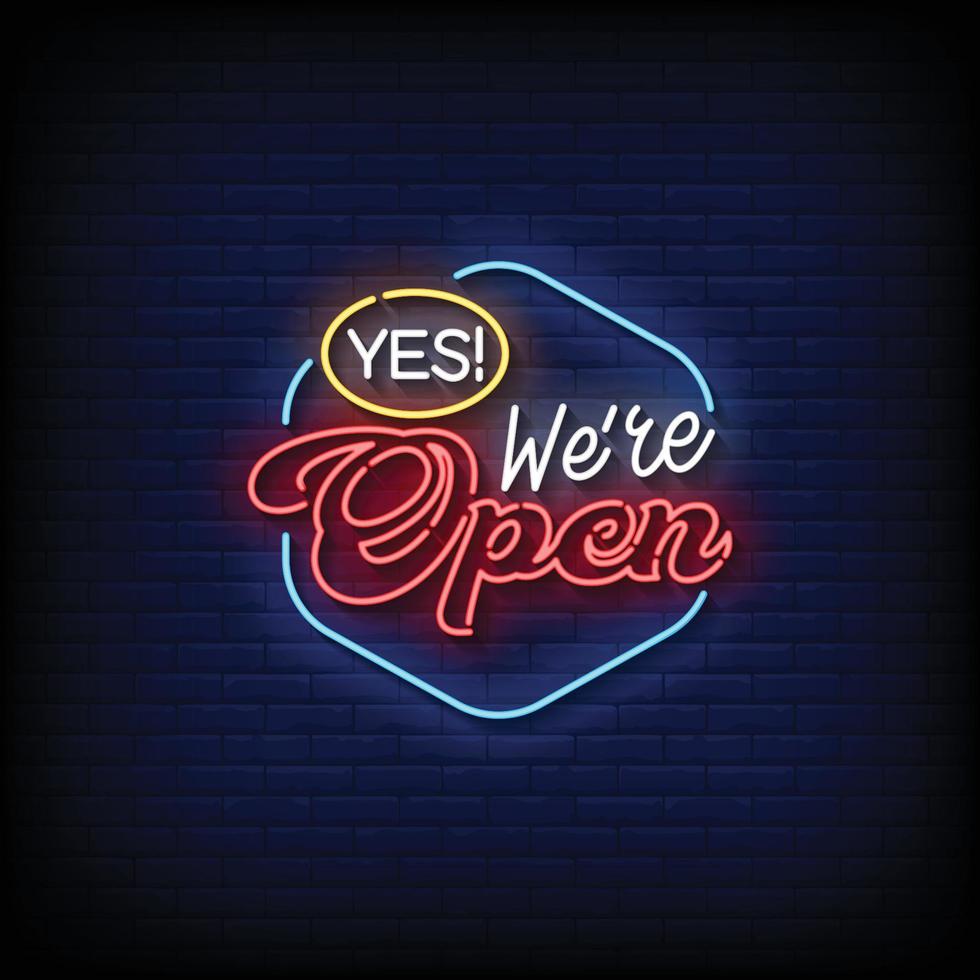 neon sign we are open with brick wall background vector illustration