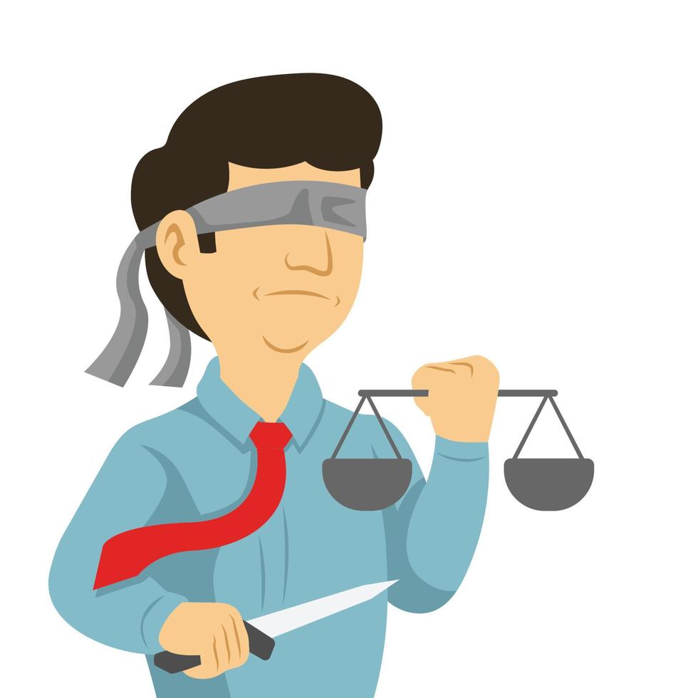 blindfolded businessman carrying sword and scales vector illustration