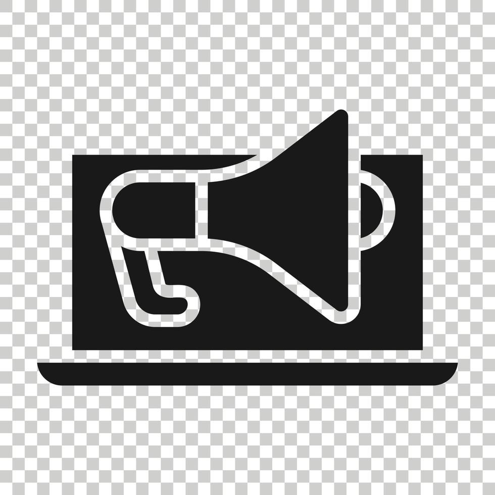 Laptop with megaphone speaker icon in flat style. Notebook bullhorn vector illustration on white isolated background. Computer subscribe business concept.