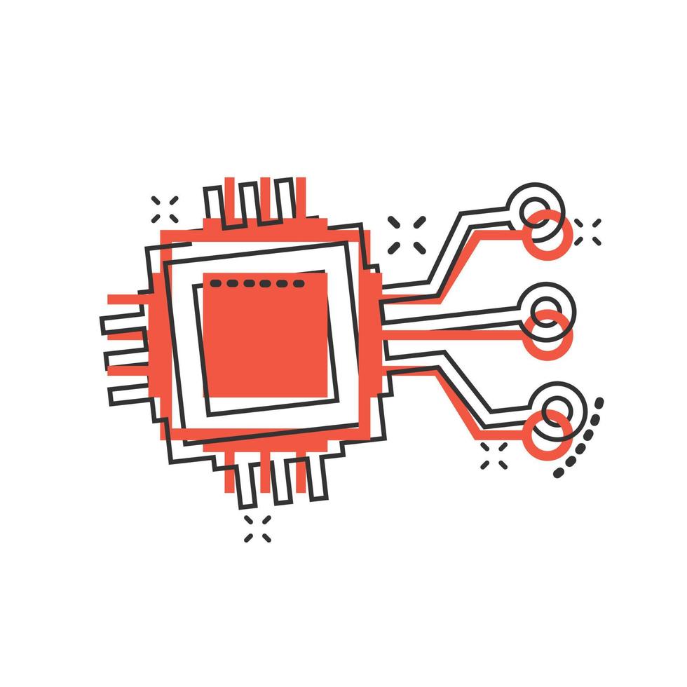 Computer chip icon in comic style. Circuit board cartoon vector illustration on white isolated background. Cpu processor splash effect business concept.