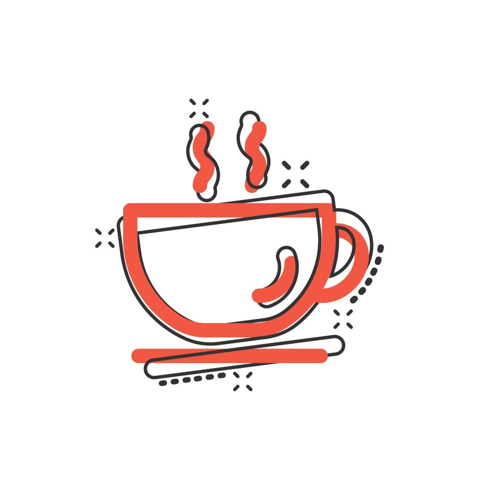Coffee cup icon in comic style. Hot tea cartoon vector illustration on white isolated background. Drink mug splash effect business concept.