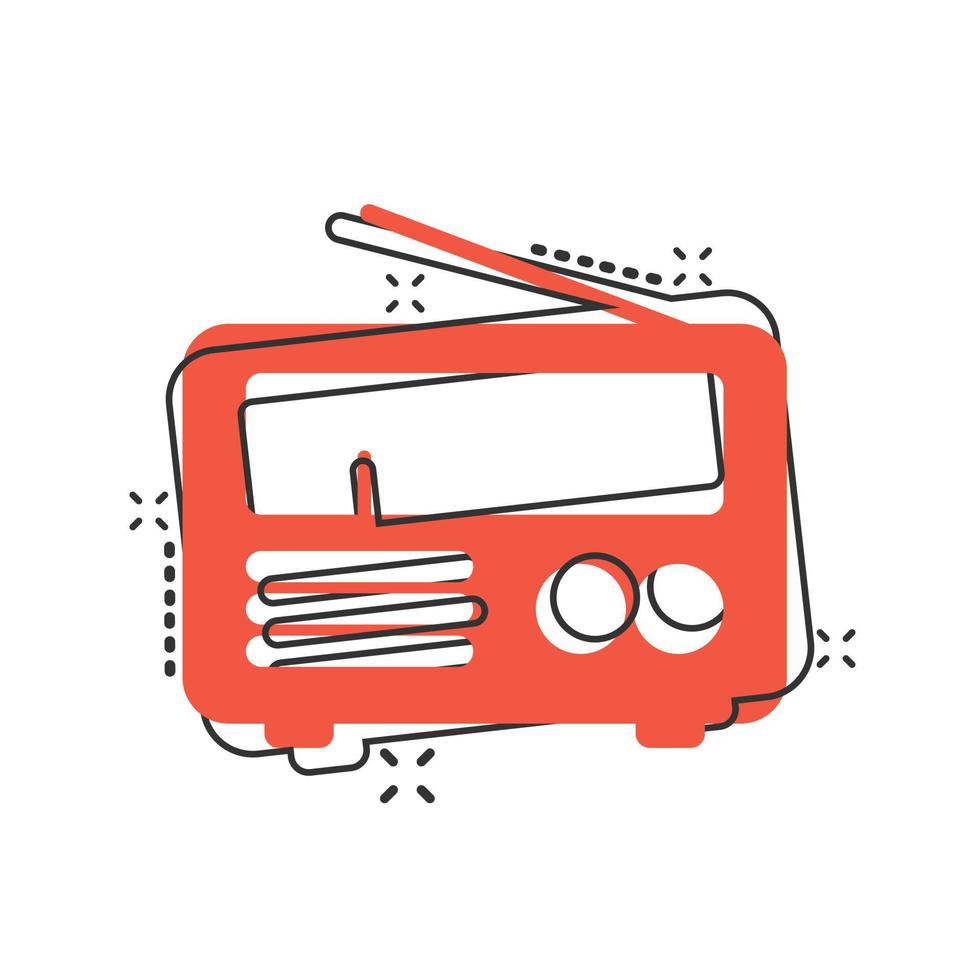 icono de radio en estilo cómico. ilustración de vector de dibujos animados de transmisión fm sobre fondo blanco aislado. concepto de negocio de efecto de salpicadura de radiodifusión.