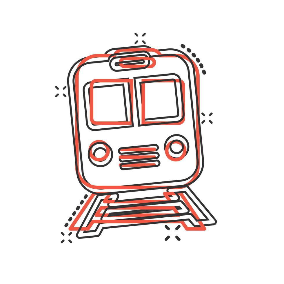 Metro icon in comic style. Train subway cartoon vector illustration on white isolated background. Railroad cargo splash effect business concept.