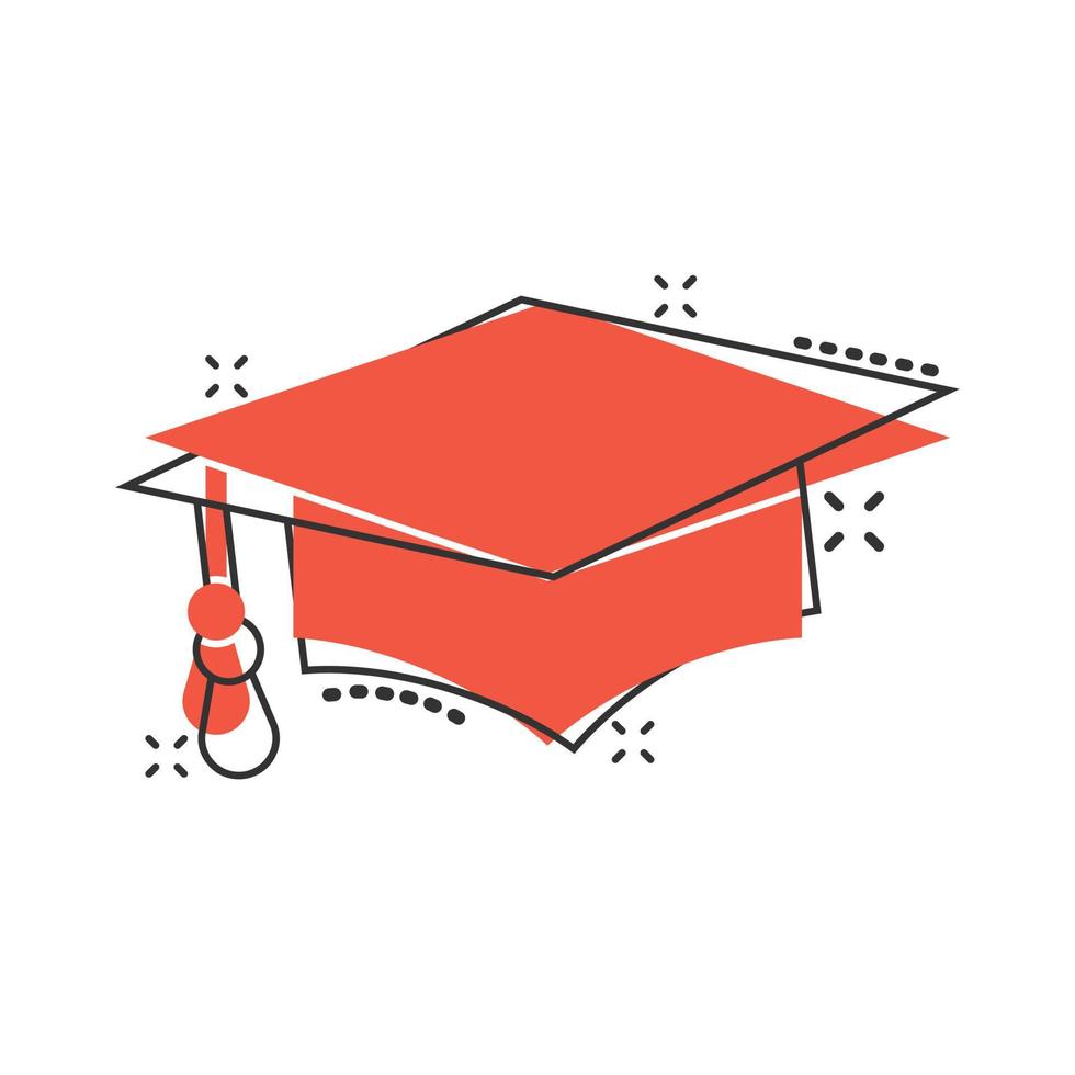 Graduation hat icon in comic style. Student cap cartoon vector illustration on white isolated background. University splash effect business concept.