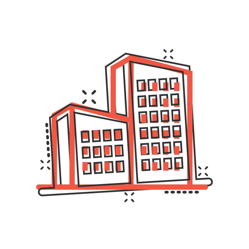 Building icon in comic style. Town skyscraper apartment cartoon vector illustration on white isolated background. City tower splash effect business concept.