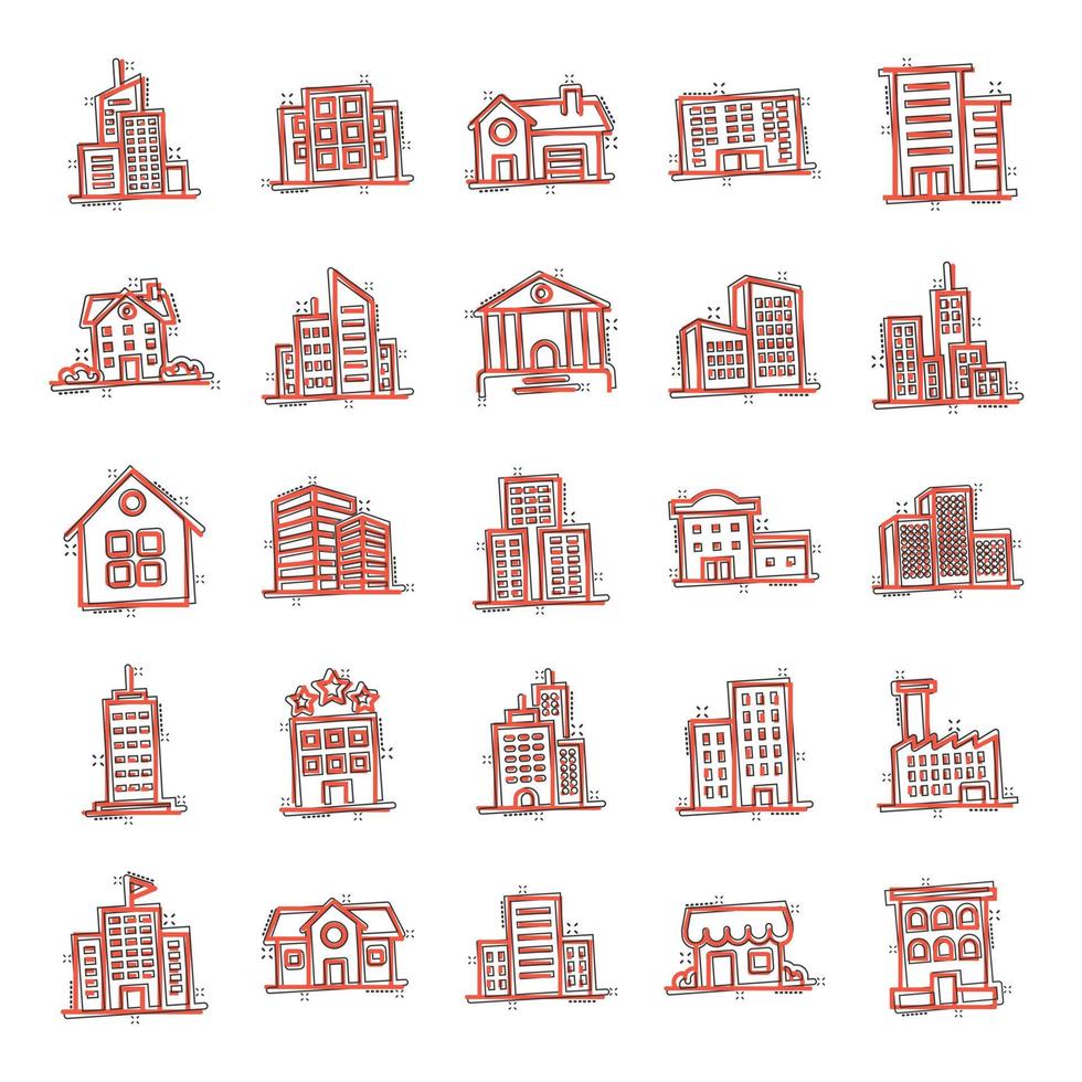 icono de construcción en estilo cómico. ciudad rascacielos apartamento dibujos animados vector ilustración sobre fondo blanco aislado. concepto de negocio de efecto de salpicadura de torre de la ciudad.