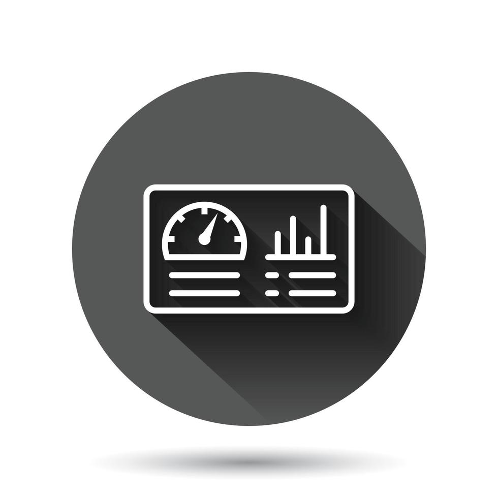 Dashboard icon in flat style. Finance analyzer vector illustration on black round background with long shadow effect. Performance algorithm circle button business concept.