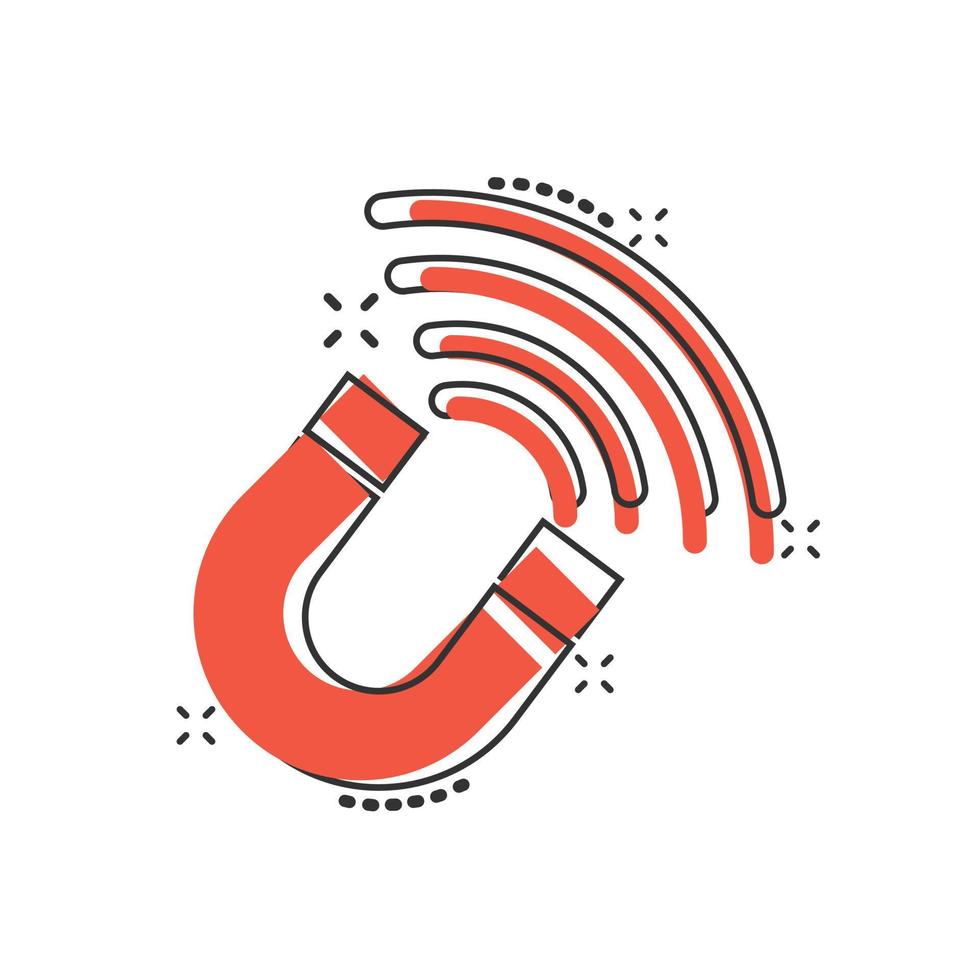 Magnet icon in comic style. Attract cartoon vector illustration on white isolated background. Electromagnetic splash effect business concept.