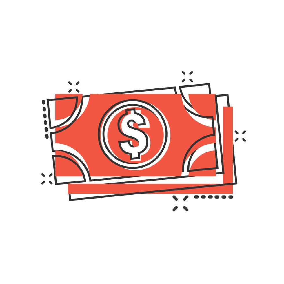 icono de billete de dólar en estilo cómico. ilustración vectorial de dibujos animados en efectivo en dólares sobre fondo blanco aislado. concepto de negocio de efecto de salpicadura de billete de banco. vector