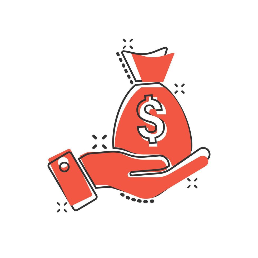Remuneration icon in comic style. Money in hand cartoon vector illustration on white isolated background. Banknote payroll splash effect business concept.