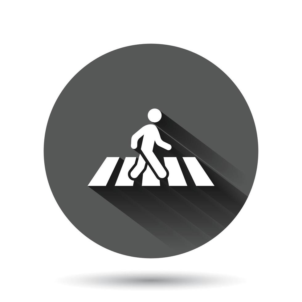 Pedestrian crosswalk icon in flat style. People walkway sign vector illustration on black round background with long shadow effect. Navigation circle button business concept.