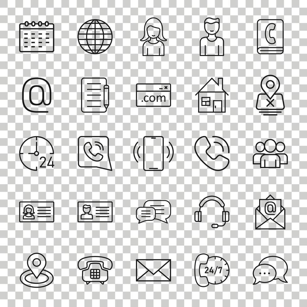 Contact icon set in flat style. Phone communication vector illustration on white isolated background. Website equipment business concept.