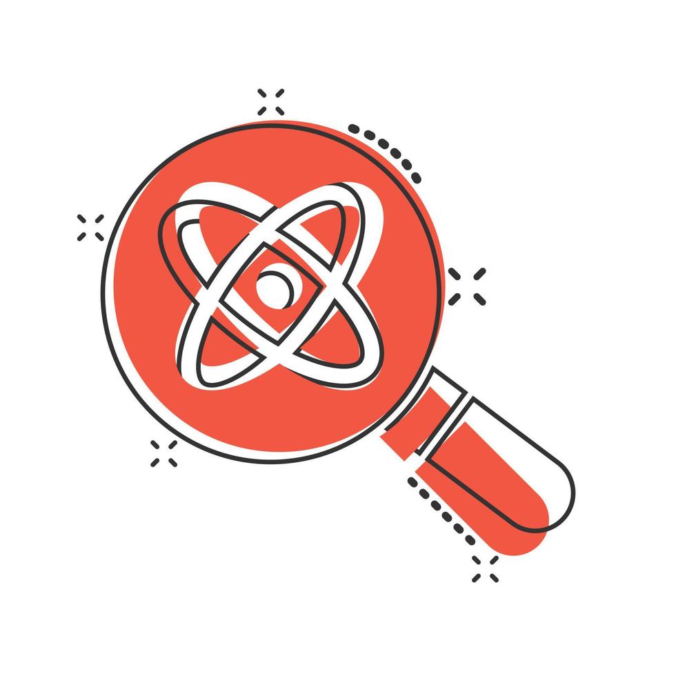 Science magnifier icon in comic style. Virus search cartoon vector illustration on white isolated background. Chemistry dna splash effect business concept.