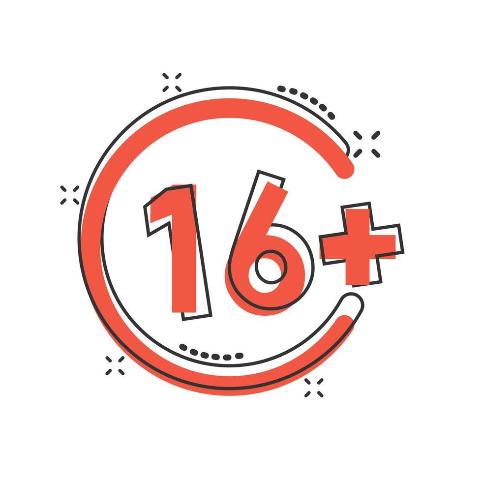 Sixteen plus icon in comic style. 16 cartoon vector illustration on white isolated background. Censored splash effect business concept.