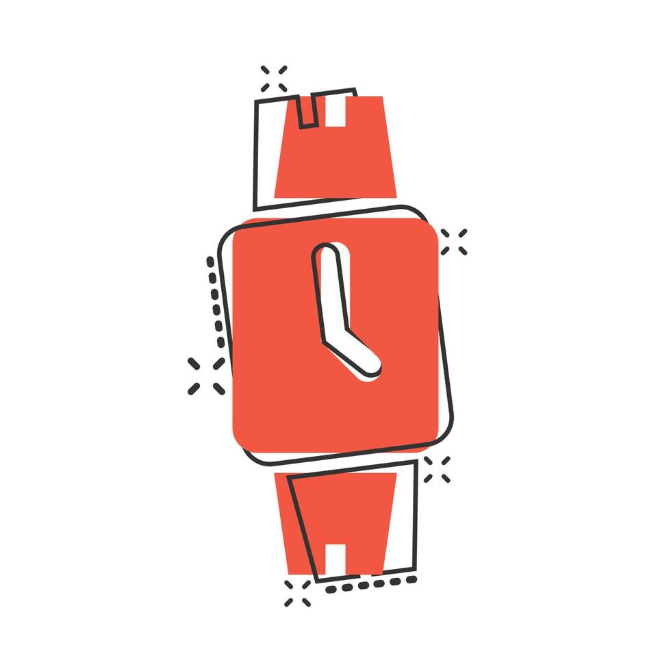 Wrist watch icon in comic style. Hand clock cartoon vector illustration on white isolated background. Time bracelet splash effect business concept.