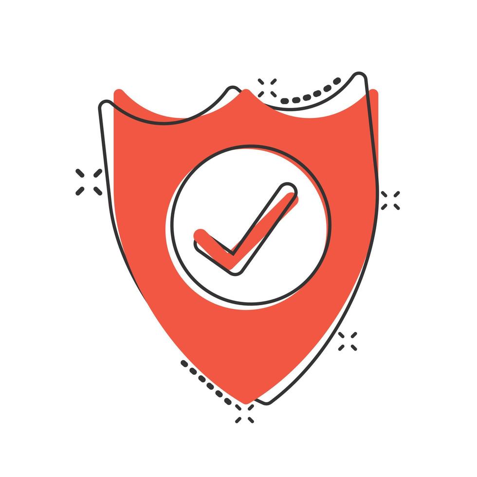 Shield with check mark icon in comic style. Protect cartoon vector illustration on white isolated background. Checkmark guard splash effect business concept.